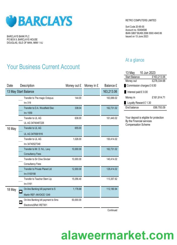 Barclays bank business account statement Word and PDF template